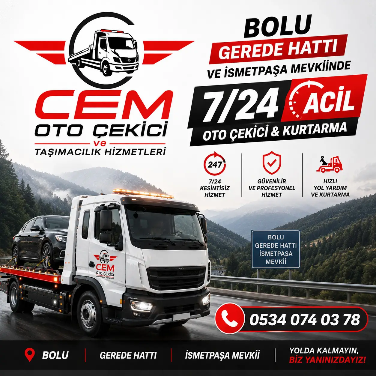 Bolu Gerede Hattı ve İsmetpaşa Mevkiinde 7/24 Acil Oto Çekici & Kurtarma